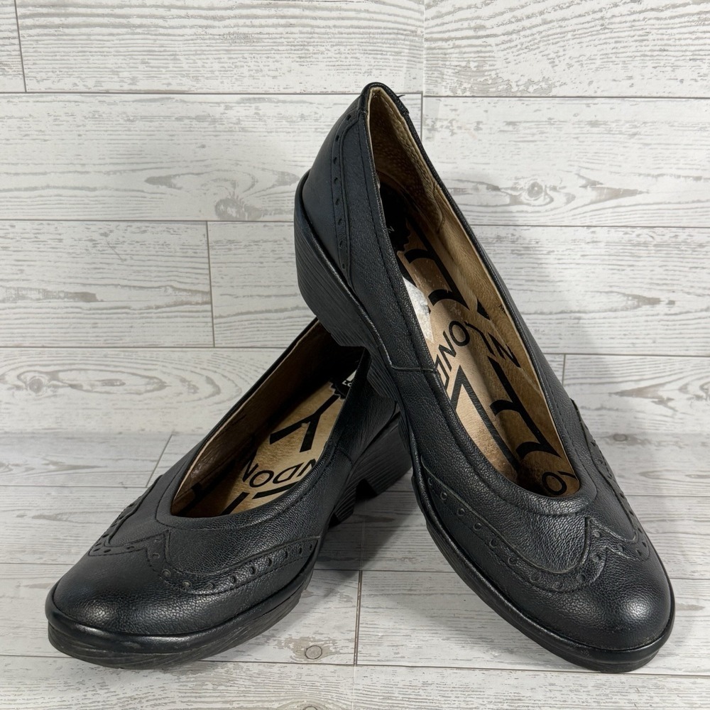 FLY London Black Wingtip Brogue Wedge Pumps Women's EU 38 Slip On 7.5-8 US Shoes